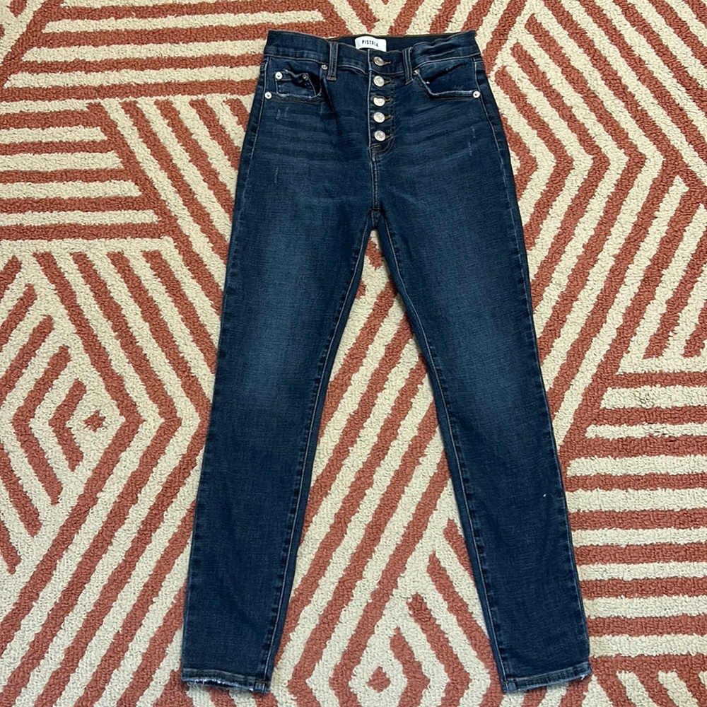 PISTOLA 25 button fly, distressed, and cropped jeans in EUC